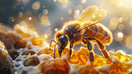bee and honey, Close up view of the working bees on honey cells, Honey bee covered with yellow pollen collecting nectar from dandelion flower. Generative AI  - obrazy, fototapety, plakaty