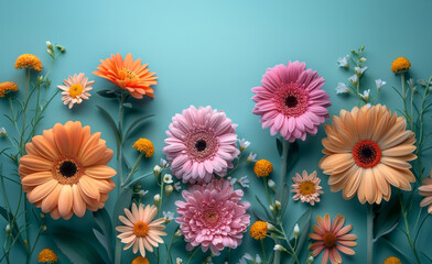 a bunch of different types of flowers on a blue background - 767985827