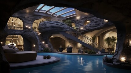 Jaw-dropping indoor grotto spa with waterfall heated pools, massage grottos, therapeutic jetted tubs and glass ceilings above - obrazy, fototapety, plakaty