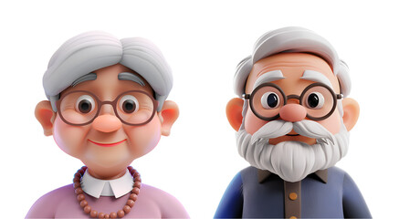 Set of Elderly Characters in Simple 3D Cartoon Render: Grandmother, Grandfather, Old Man, Old Woman, Grandma, Grandpa, Isolated on Transparent Background, PNG