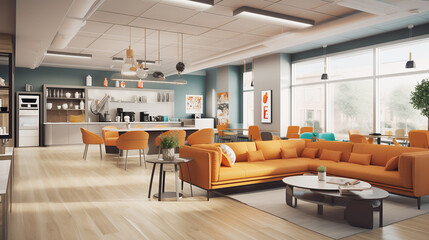 Modern break room and coffee lounge of a smart office, designed for young professionals.