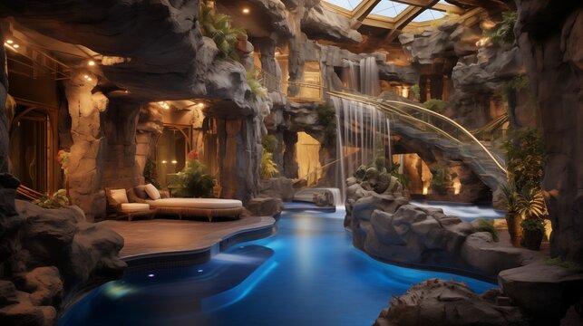 Jaw-dropping indoor grotto spa with waterfall heated pools, massage grottos, therapeutic jetted tubs and glass ceilings above