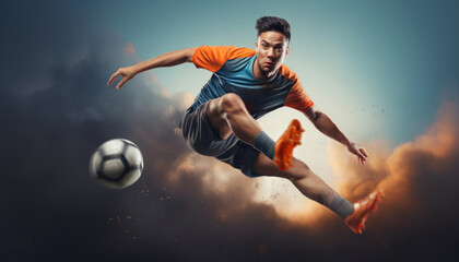 Fototapeta na wymiar Football Player Kicks Ball in Flight