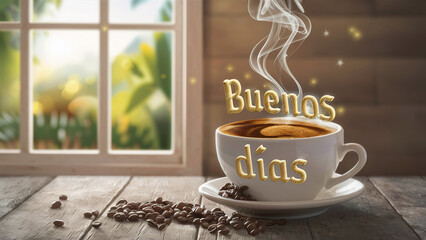 create text in 3D “buenos días” in a cute cup of coffee, coffee beans on a wooden table, magical steam, beautiful bright morning seen from the window,  - obrazy, fototapety, plakaty