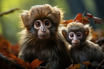 Monkey and puppies playing in the jungle., generative IA
