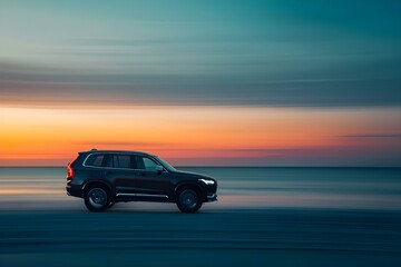 Fototapeta na wymiar Blurred motion image of a modern SUV driving on a concrete road at sunset near the sea. Concept Car photography, Blurred motion, Sunset, Sea, Modern SUV