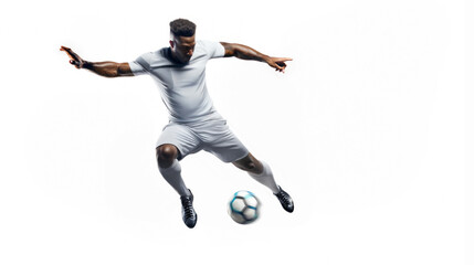 Fototapeta na wymiar Football Player Strikes Ball Midair on White Background
