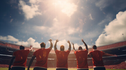 Joyful Football Team Celebrating Success at Sunny Stadium under Open Sky - obrazy, fototapety, plakaty