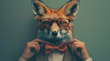 A digital art piece depicting a foxs head with human hands adjusting a playful bow tie around its neck