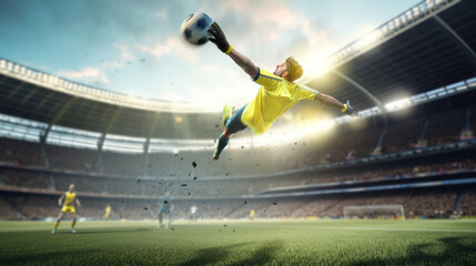 Player Diving to Make Save. Dynamic Action Shot with Spectators