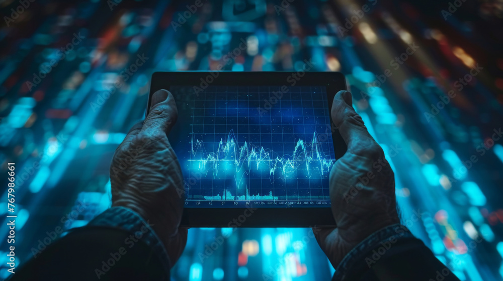 Poster close-up of hands holding a tablet displaying graphs with a futuristic technology backdrop.