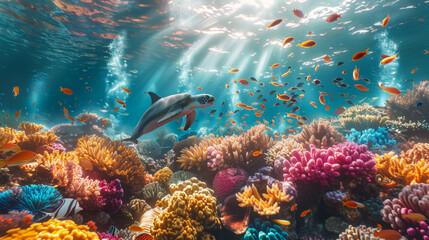 Fototapeta na wymiar A majestic dolphin swims amongst colorful fish and corals in a sunlit underwater ecosystem.