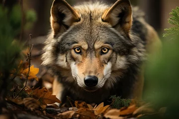 Deurstickers Iberian wolf exploring dense forest., generative IA © JONATAS