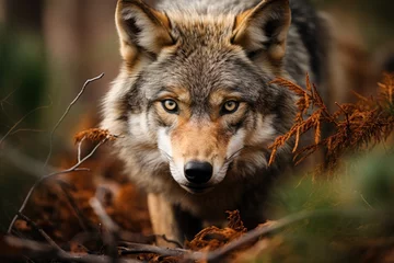 Foto op Canvas Iberian wolf exploring dense forest., generative IA © JONATAS