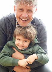 Grandfather, child and portrait smile for outdoor bonding with love connection, embrace or...