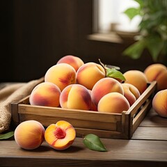 Peach, organic food, healthy diet, peach IN WOODEN TRAY