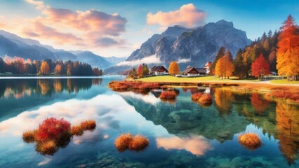 Experience the beauty of autumn at Hintersee lake, where vibrant colors paint a stunning morning view of the Bavarian Alps on the Austrian border in Germany, Europe. This picturesque scene embodies - obrazy, fototapety, plakaty
