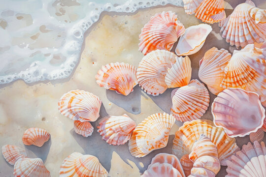 Tranquil seashells on sandy beach under gentle waves, captured in a beautiful watercolor illustration