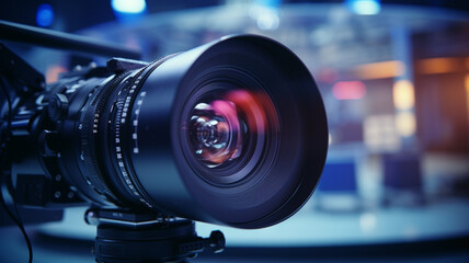  A high-definition camera lens trained on a digital display, recording an interview in a TV studio, with subtle hints of mass media and technology blending seamlessly in the blurry backdrop