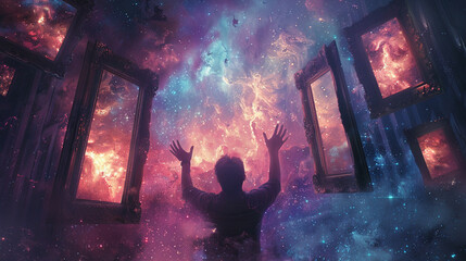 A digital artwork of hands reaching out from old picture frames blending into a galaxy scene filled with stars and cosmic dust