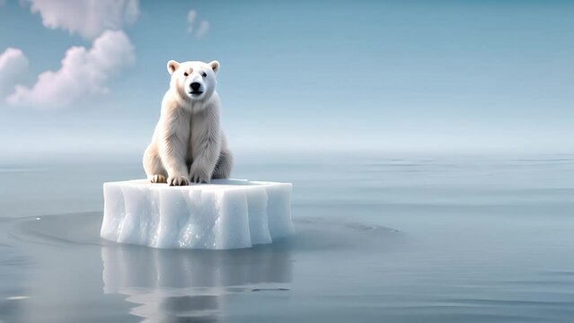 A polar bear sits on a small ice floe, surrounded by vast expanses of melting ocean. The once frozen landscape is rapidly transforming due to the effects of global warming. Generative AI