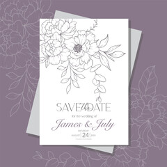 Line Art Peony Flower  Wedding Invitation template,  Outline Peony Minimalist Wedding Stationery