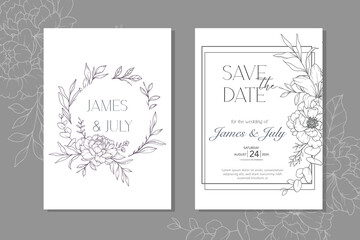 Obraz na płótnie Canvas Line Art Peony Flower Wedding Invitation template, Outline Peony Minimalist Wedding Stationery