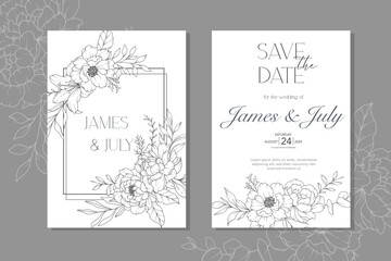 Line Art Peony Flower  Wedding Invitation template,  Outline Peony Minimalist Wedding Stationery