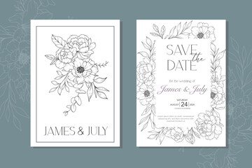 Line Art Peony Flower  Wedding Invitation template,  Outline Peony Minimalist Wedding Stationery