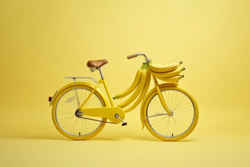Creative composition made of retro bike with bananas on yellow background. Conceptual art. Minimal style