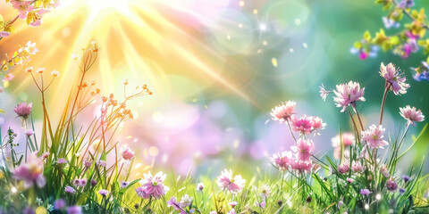 Obraz na płótnie Canvas Beautiful spring meadow with grass and flowers in sunlight background banner, spring themed designs, nature projects, backgrounds, greeting cards, and floralthemed marketing materials.