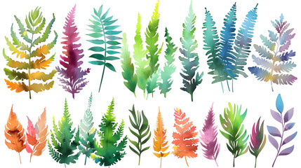 Watercolor collection of many different magical ferns and mosses isolated on white
