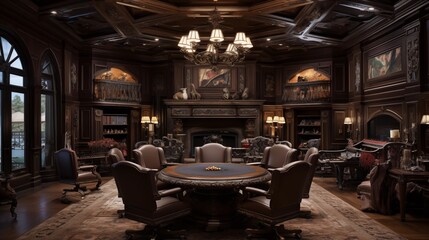 Lavish residential poker parlor with fireplace inglenooks, coffered ceilings, leather topped game tables, and clubby aesthetic - obrazy, fototapety, plakaty