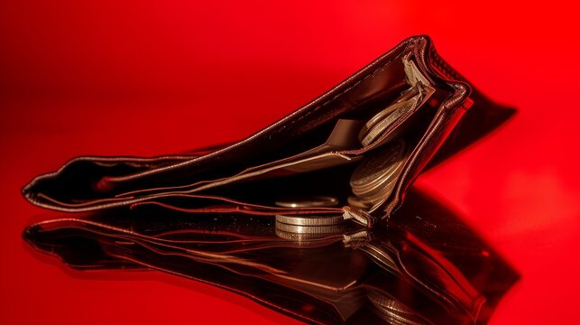 An open, empty brown leather wallet lying on a reflective red surface, symbolizing financial concepts such as bankruptcy or investment loss.