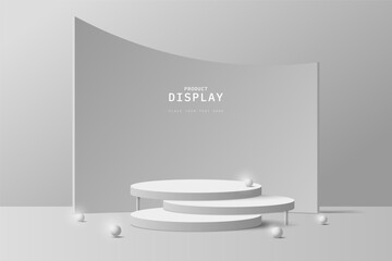 Modern gray steps 3d cylinder podium or product display stand with geometric shape backdrop and glowing sphere balls. 3d stage for show cosmetic. product display presentation. 3d vector rendering