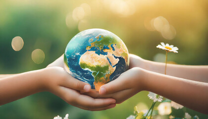 International human solidarity day concept. Children hands holding earth globe over blurred abstract nature background. protecting planet from global warming.