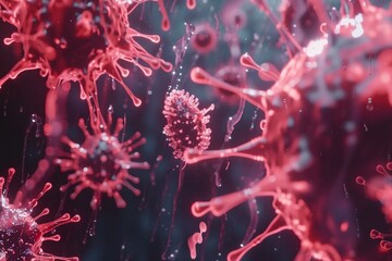 A microscopic view of a virus outbreak, floating cells, macro shot of the flu, covid, influenza. - obrazy, fototapety, plakaty