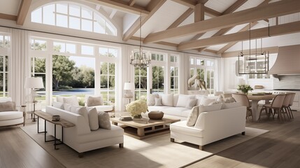 Light and airy great room with vaulted beamed ceilings and seamless indoor/outdoor living
