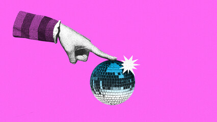 Fem ale hand spinning disco ball against pink background. Party time, celebration, enjoyment and leisure. Contemporary art collage. Concept of retro and vintage, creativity. Poster, ad