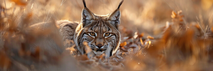 Lynx confidently strides through a field of tall grass, its graceful movements blending with the...
