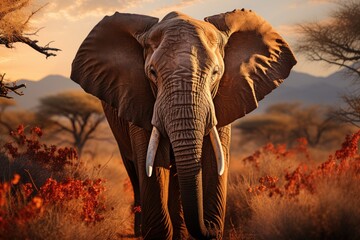 African elephant in Savana at sunset., generative IA
