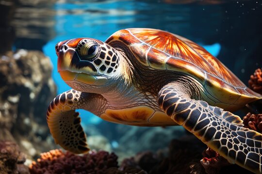 Marine turtle gracefully swimming in crystal clear waters., generative IA