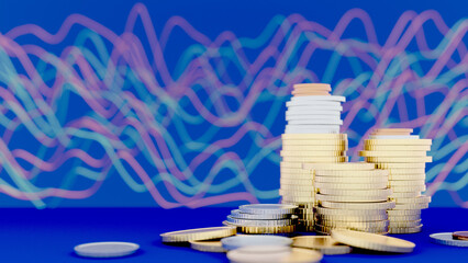 Golden, silver and bronse coins on a table
