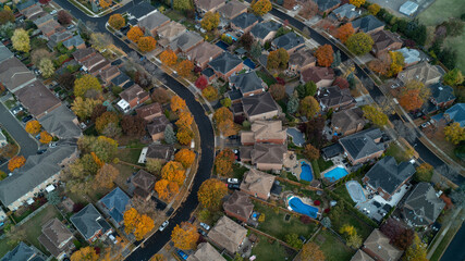 An aerial view of colorful Suburban Streets in the fall