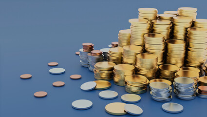 Golden, silver and bronse coins on a table