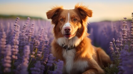 A cute Brown retriever dog, Toller standing in a field with purple flowers in a lavender field at...
