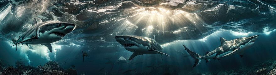School of sharks swimming together in the deep blue ocean, showcasing their streamlined bodies and...
