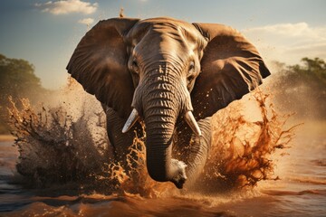 African elephant raises dust in bath ritual., generative IA - obrazy, fototapety, plakaty