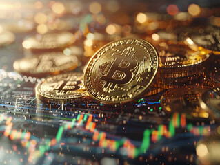A dynamic illustration of Bitcoin coins in motion with a background of fluctuating stock market graphs