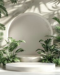 Ecofriendly podium adorned with lush greenery, in a sunlit botanical garden ,3D render